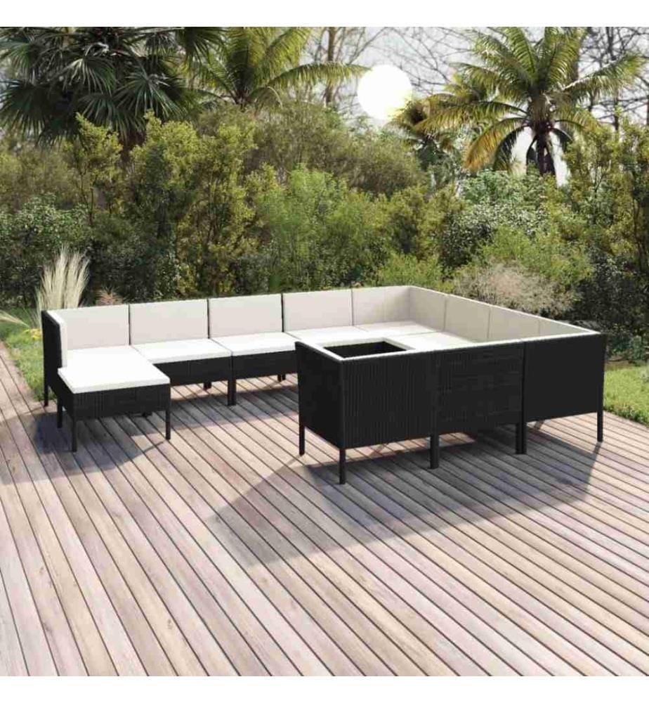 Salon de jardin 11 pcs avec coussins Résine tressée Noir