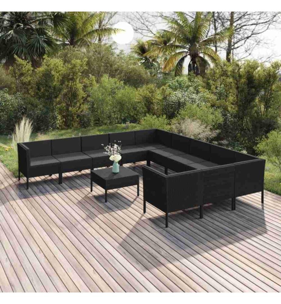 12-tlg. Garten-Lounge-Set mit Auflagen Poly Rattan Schwarz