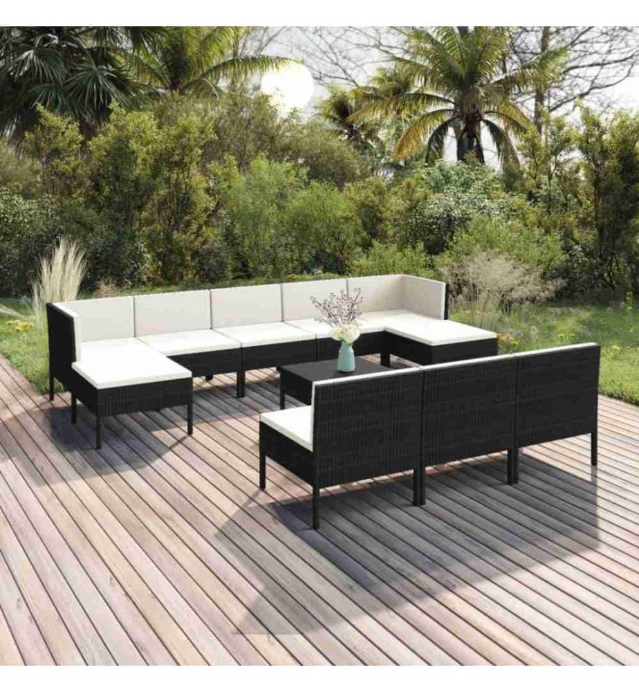 11-tlg. Garten-Lounge-Set mit Auflagen Poly Rattan Schwarz