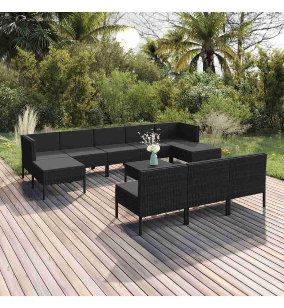 11-tlg. Garten-Lounge-Set mit Auflagen Poly Rattan Schwarz
