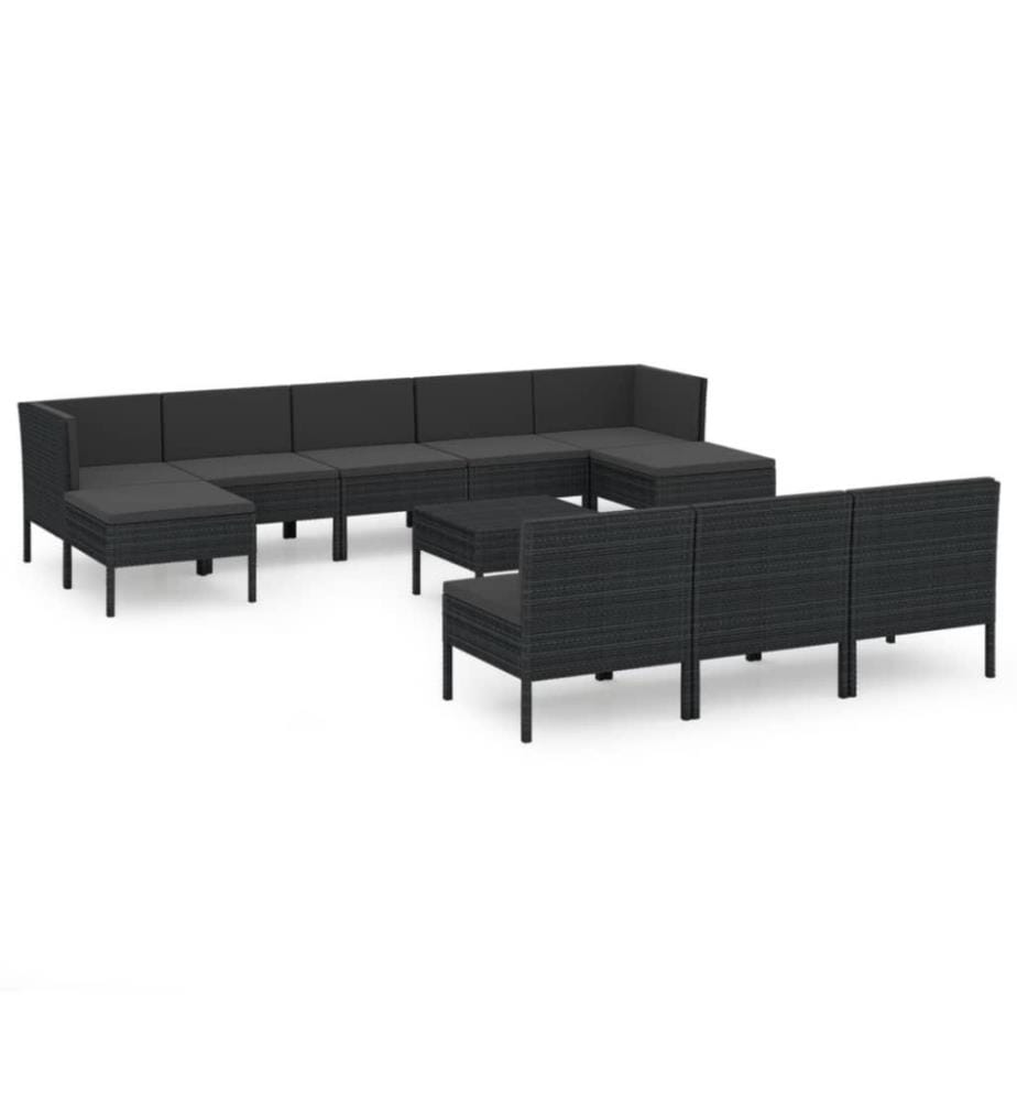 11-tlg. Garten-Lounge-Set mit Auflagen Poly Rattan Schwarz