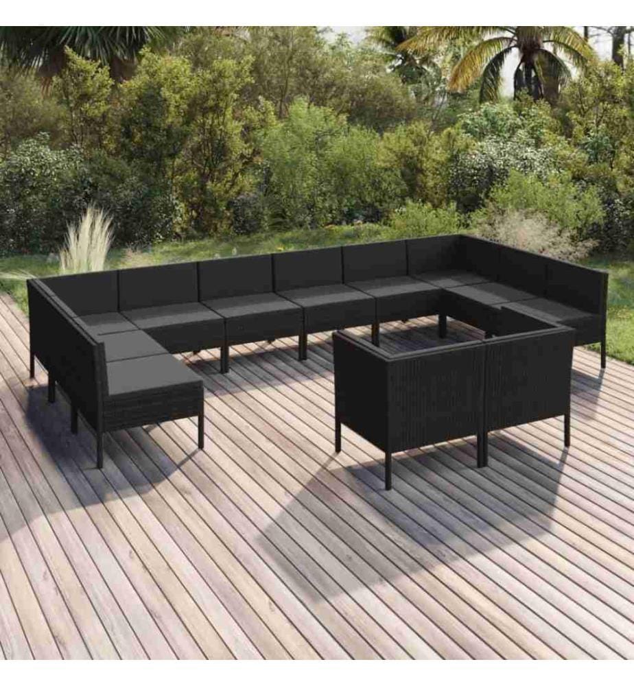 12-tlg. Garten-Lounge-Set mit Auflagen Poly Rattan Schwarz