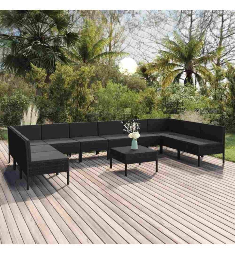 11-tlg. Garten-Lounge-Set mit Auflagen Poly Rattan Schwarz