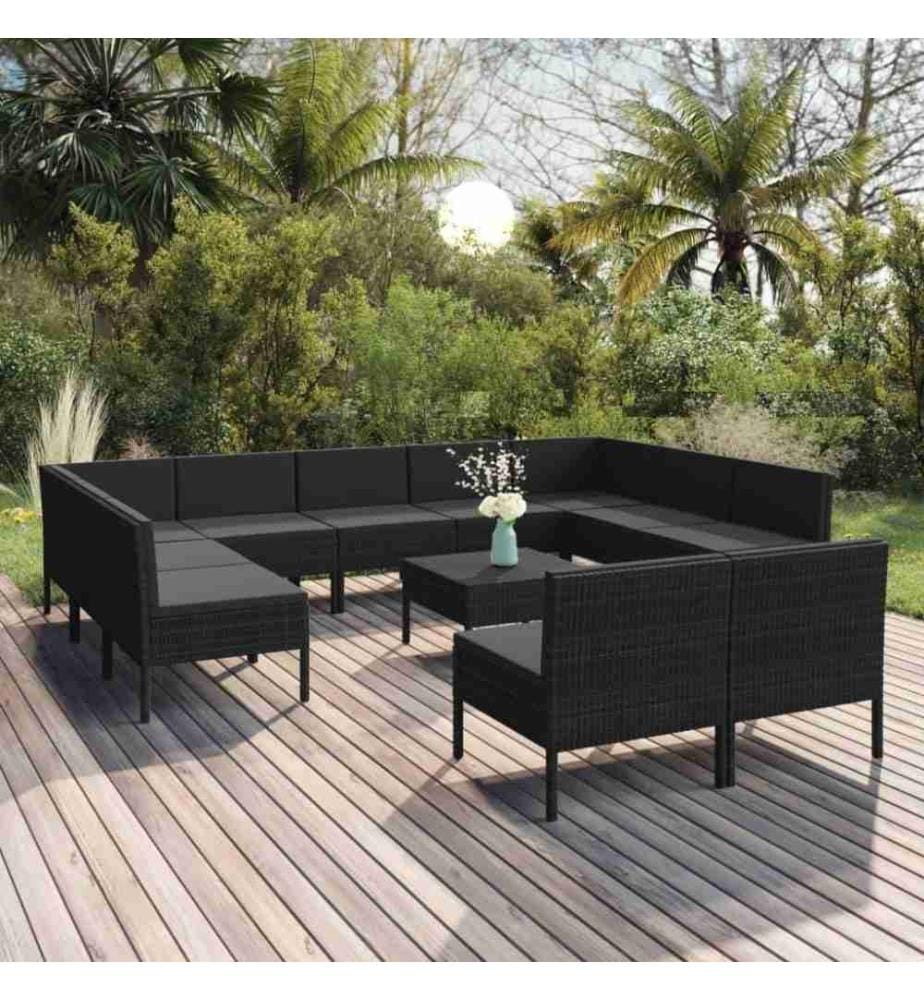 12-tlg. Garten-Lounge-Set mit Auflagen Poly Rattan Schwarz