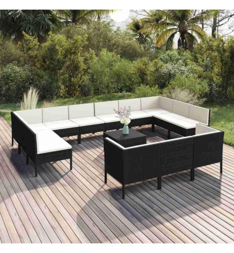 14-tlg. Garten-Lounge-Set mit Auflagen Poly Rattan Schwarz
