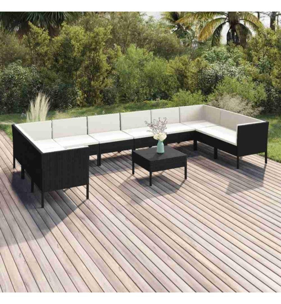 11-tlg. Garten-Lounge-Set mit Auflagen Poly Rattan Schwarz