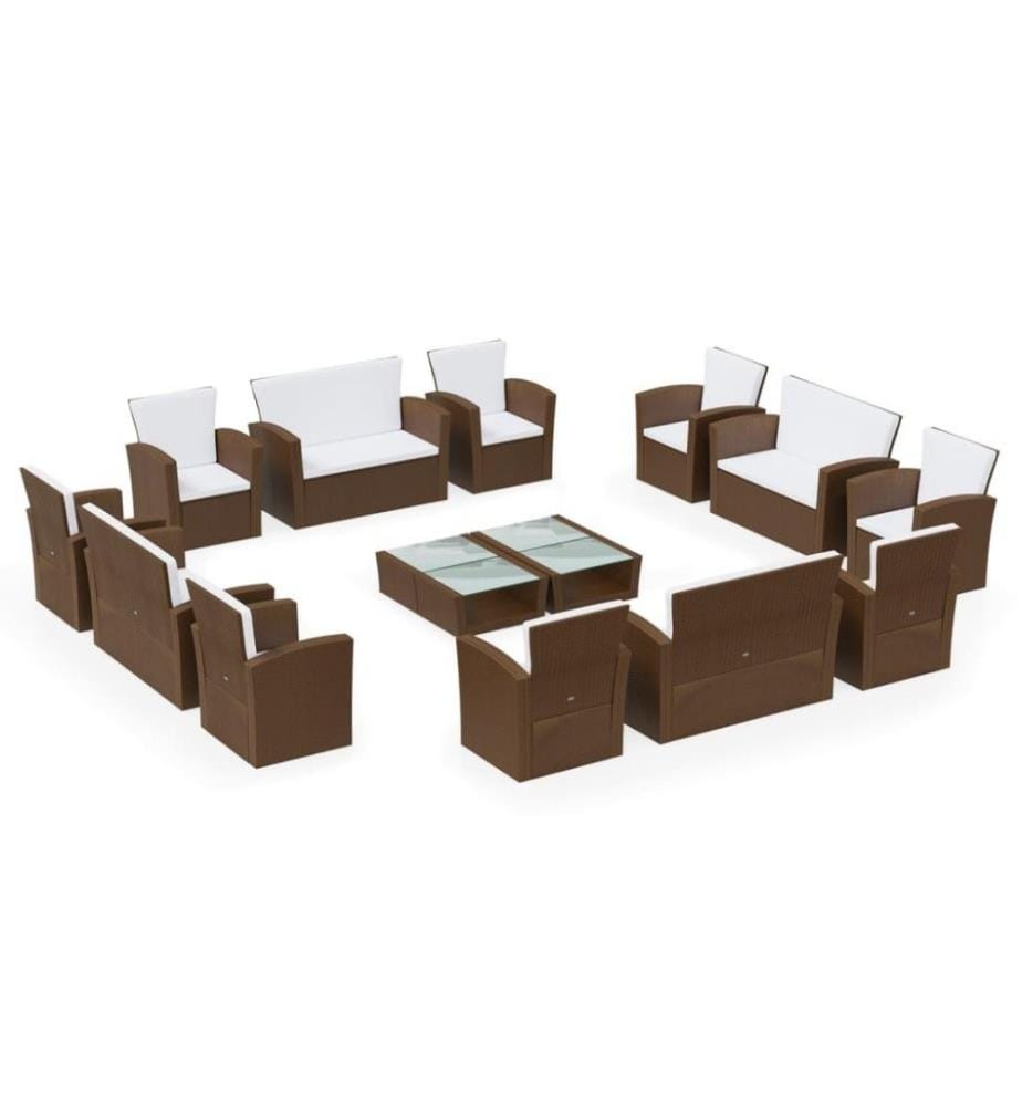 Salon de jardin 16 pcs avec coussins Résine tressée Marron