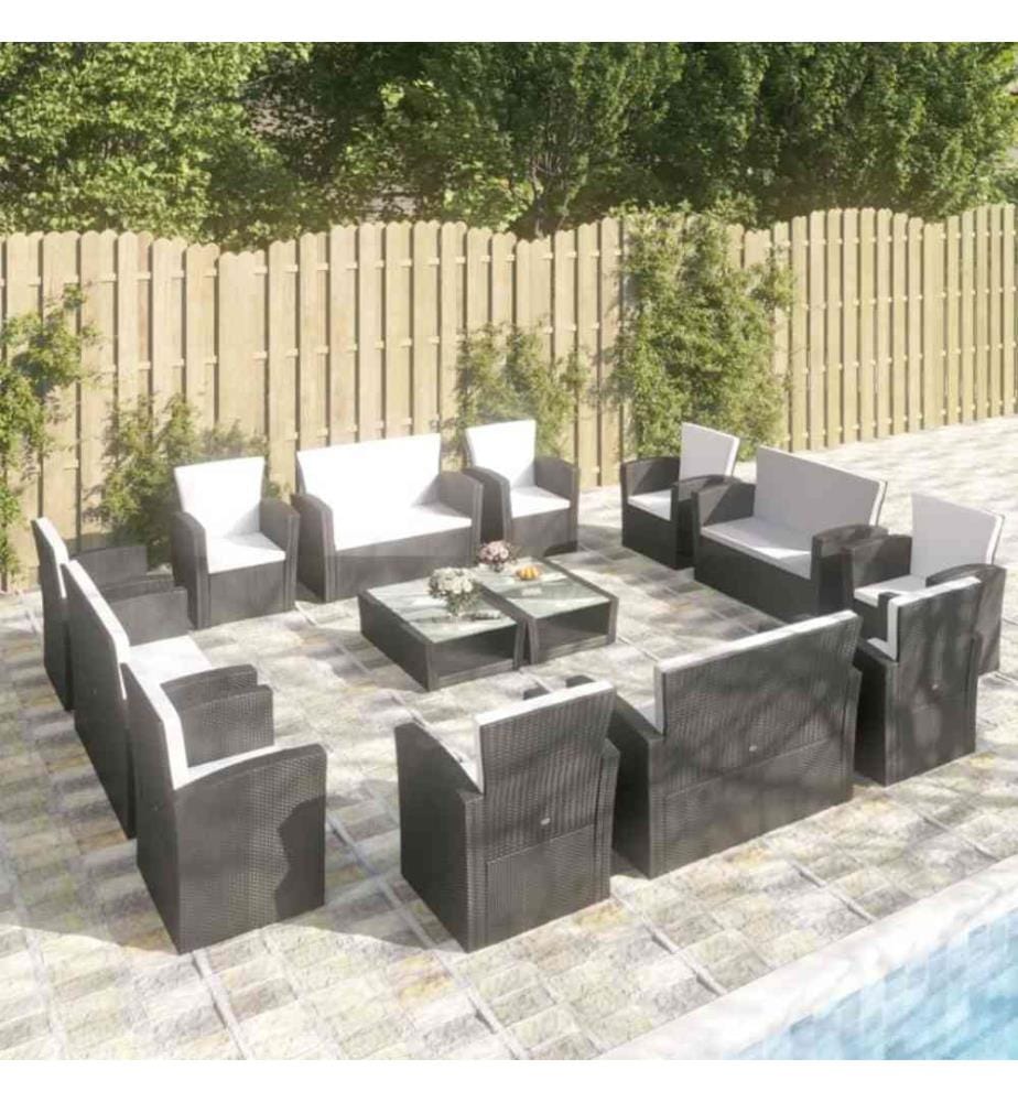 Salon de jardin 16 pcs avec coussins Résine tressée Noir