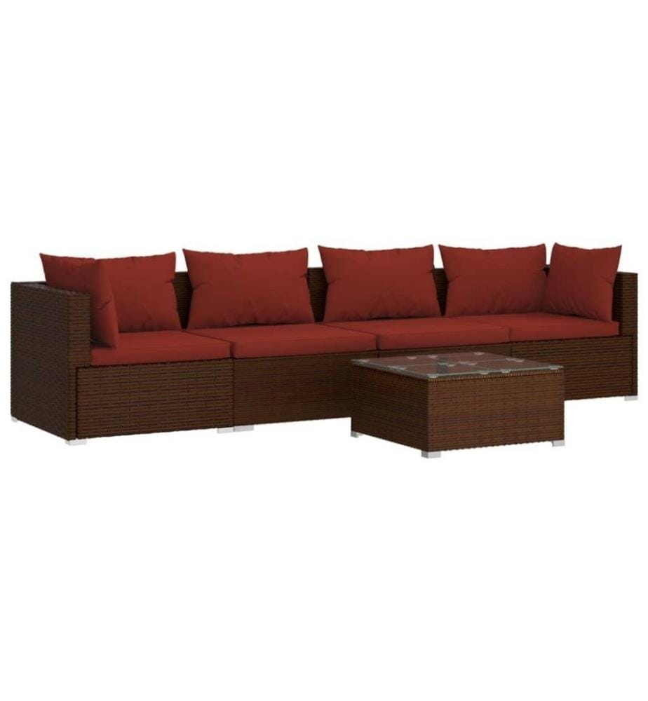 5-tlg. Garten-Lounge-Set mit Kissen Poly Rattan Braun