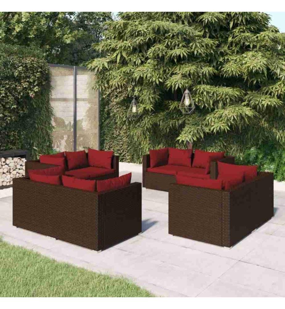 Salon de jardin 8 pcs avec coussins Résine tressée Marron