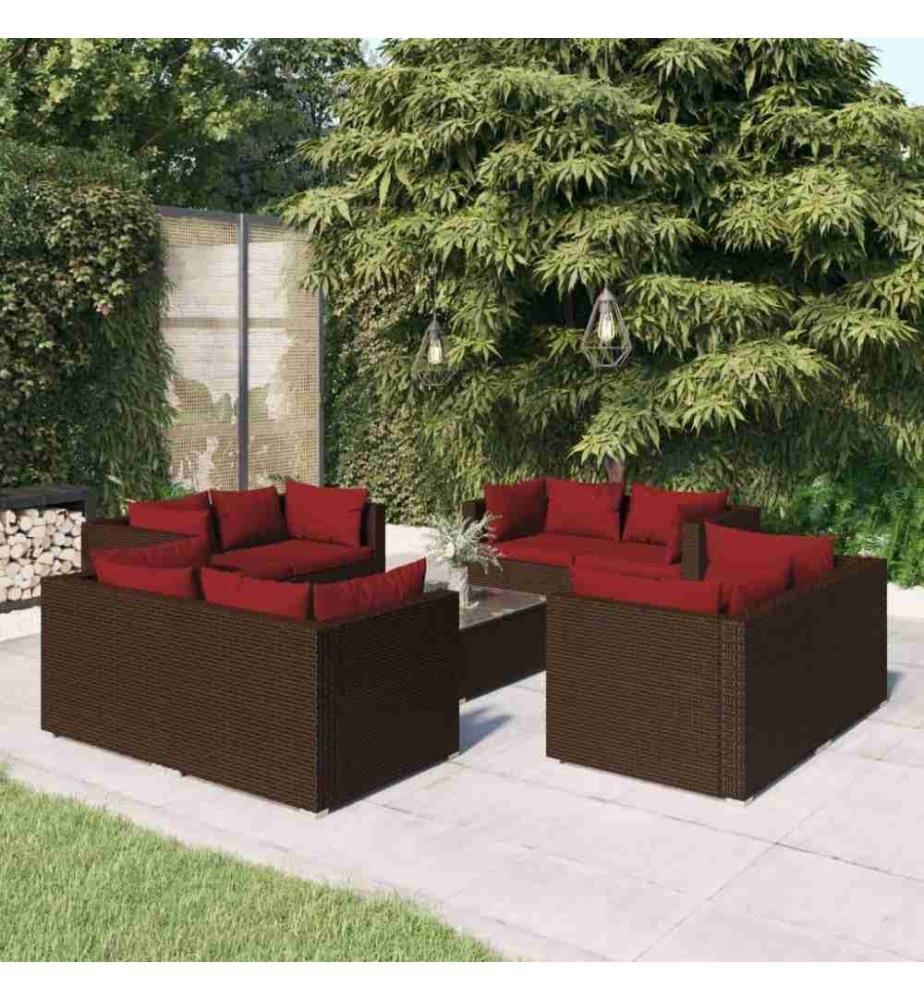 9-tlg. Garten-Lounge-Set mit Kissen Poly Rattan Braun