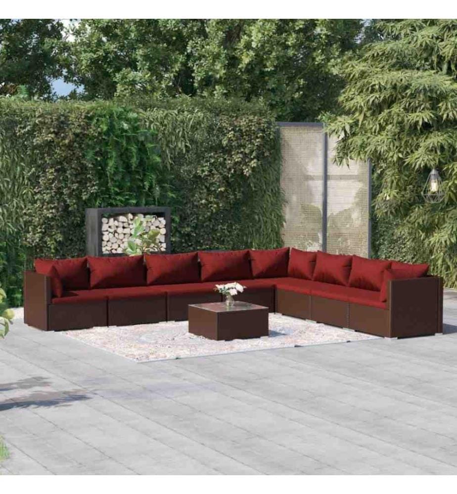 Salon de jardin 9 pcs avec coussins Résine tressée Marron