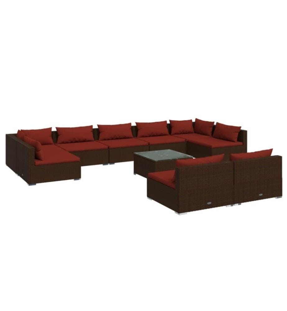 Salon de jardin 10 pcs avec coussins Marron Résine tressée