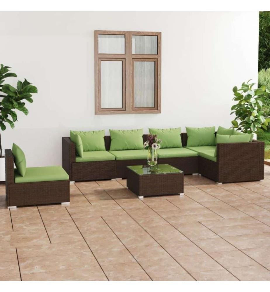 7-tlg. Garten-Lounge-Set mit Kissen Poly Rattan Braun