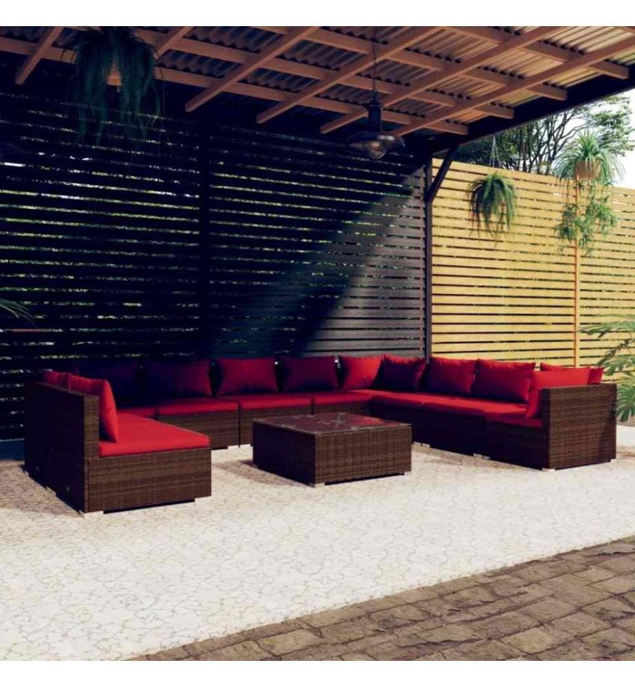 11-tlg. Garten-Lounge-Set mit Kissen Braun Poly Rattan