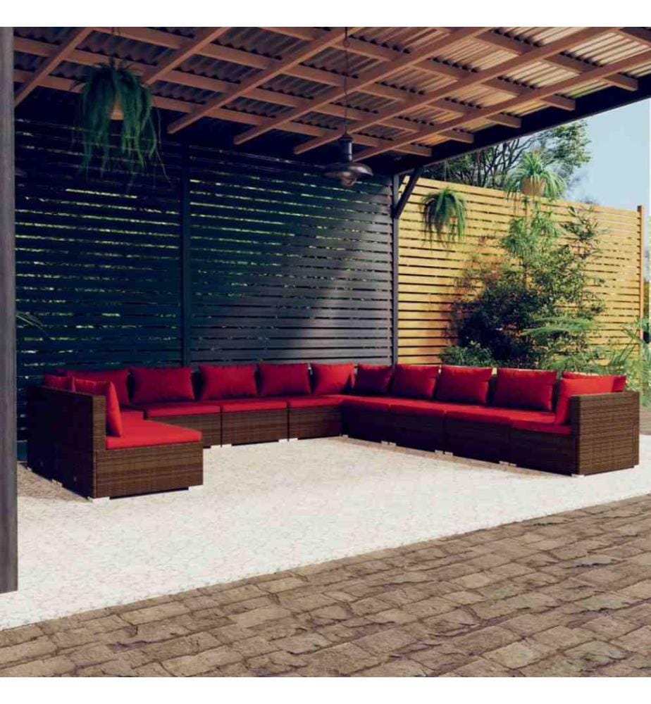 Salon de jardin 11 pcs avec coussins Marron Résine tressée