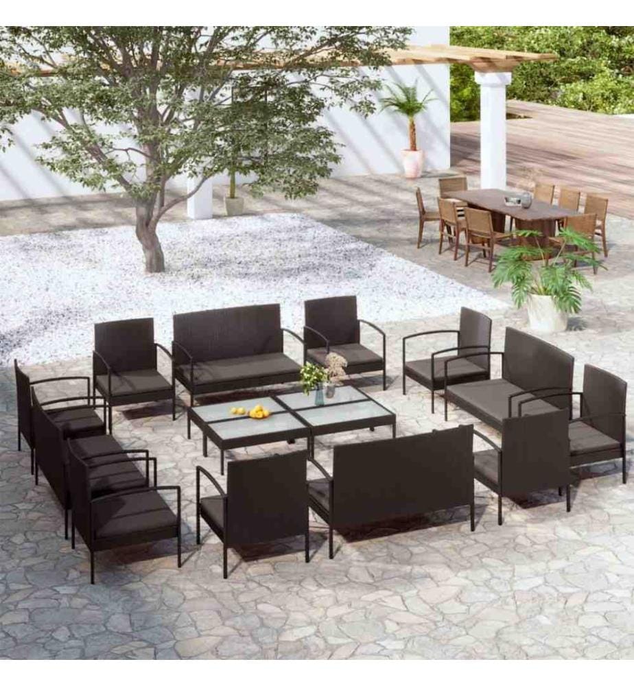 16-tlg. Garten-Lounge-Set mit Auflagen Poly Rattan Schwarz