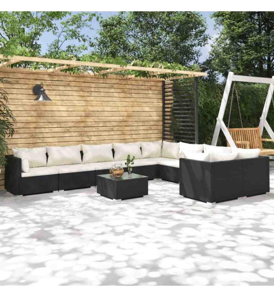 10-tlg. Garten-Lounge-Set mit Kissen Poly Rattan Schwarz