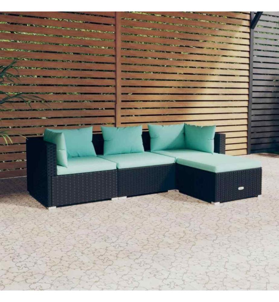 4-tlg. Garten-Lounge-Set mit Kissen Poly Rattan Schwarz