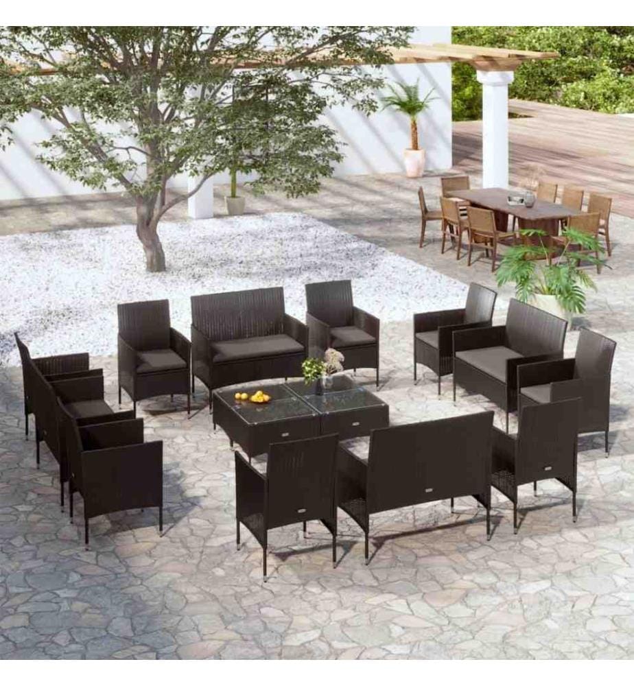 16-tlg. Garten-Lounge-Set mit Auflagen Poly Rattan Schwarz