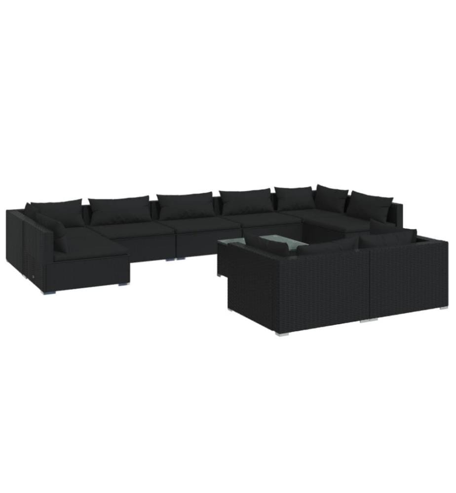 10-tlg. Garten-Lounge-Set mit Kissen Schwarz Poly Rattan