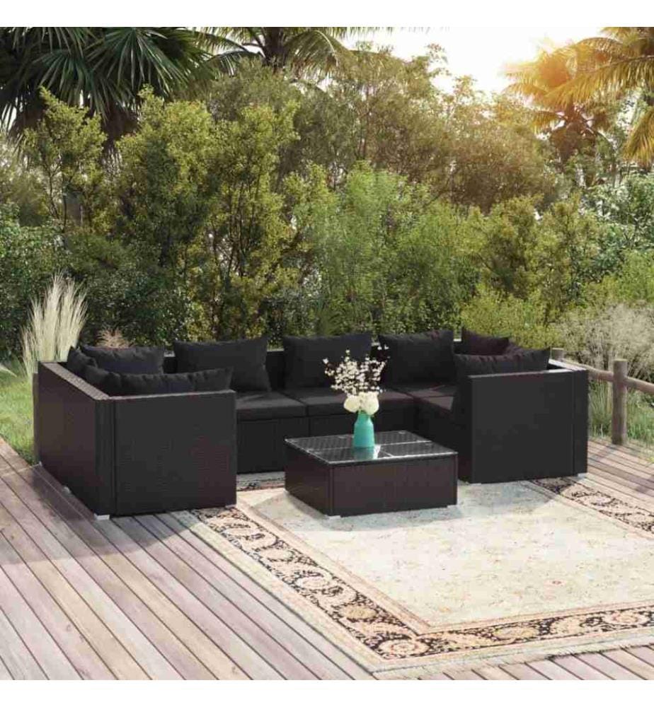7-tlg. Garten-Lounge-Set mit Kissen Poly Rattan Schwarz