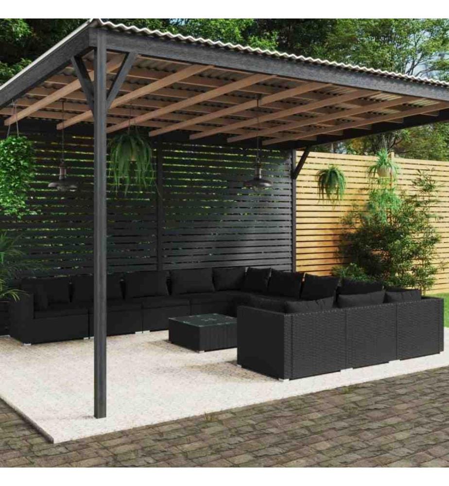 Salon de jardin 12 pcs avec coussins Résine tressée Noir