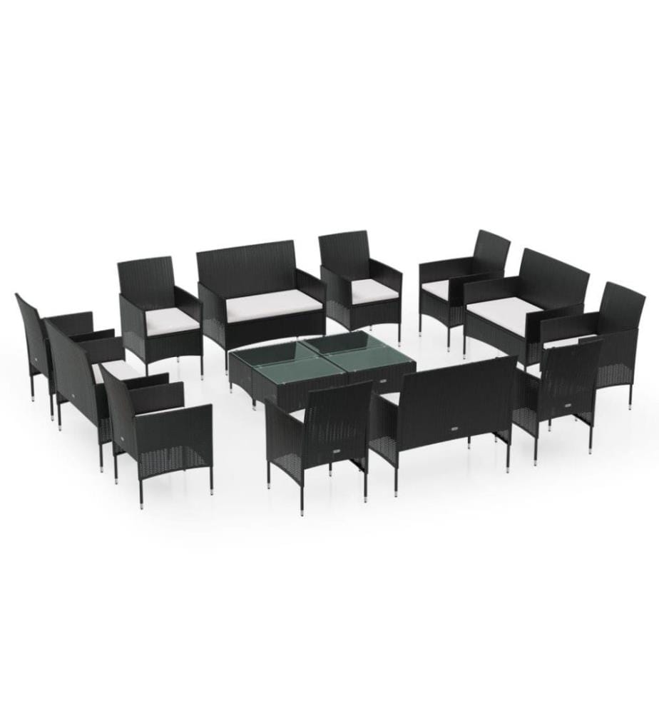 Salon de jardin 16 pcs avec coussins Résine tressée Noir
