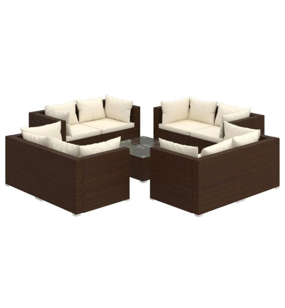 Salon de jardin 9 pcs avec coussins Résine tressée Marron