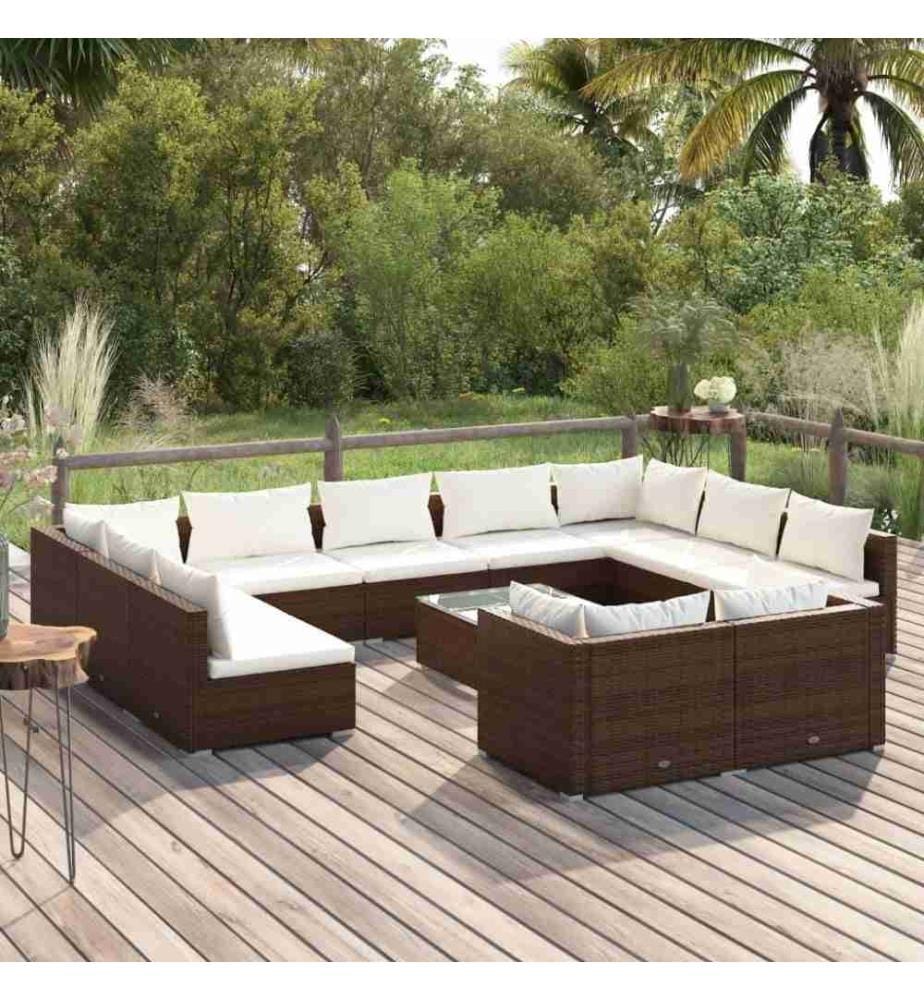 12-tlg. Garten-Lounge-Set mit Kissen Braun Poly Rattan