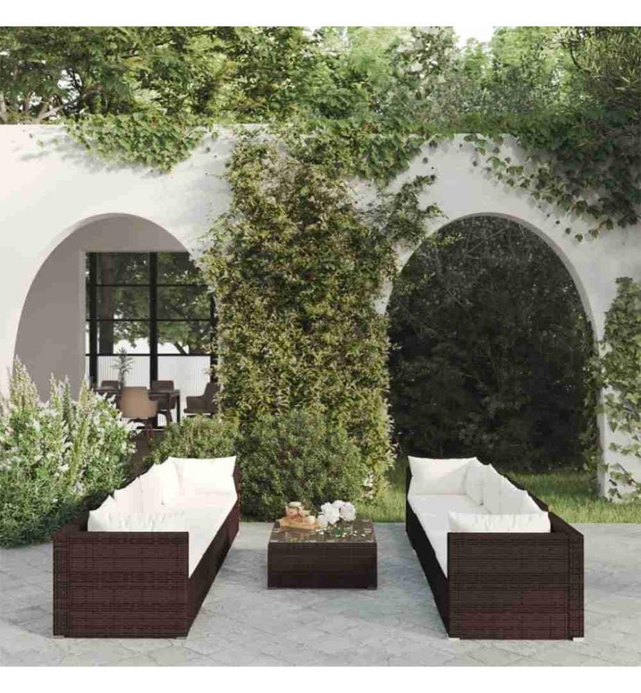 9-tlg. Garten-Lounge-Set mit Kissen Poly Rattan Braun