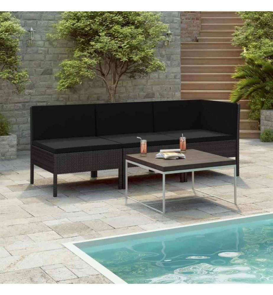 3-tlg. Garten-Lounge-Set mit Auflagen Poly Rattan Schwarz