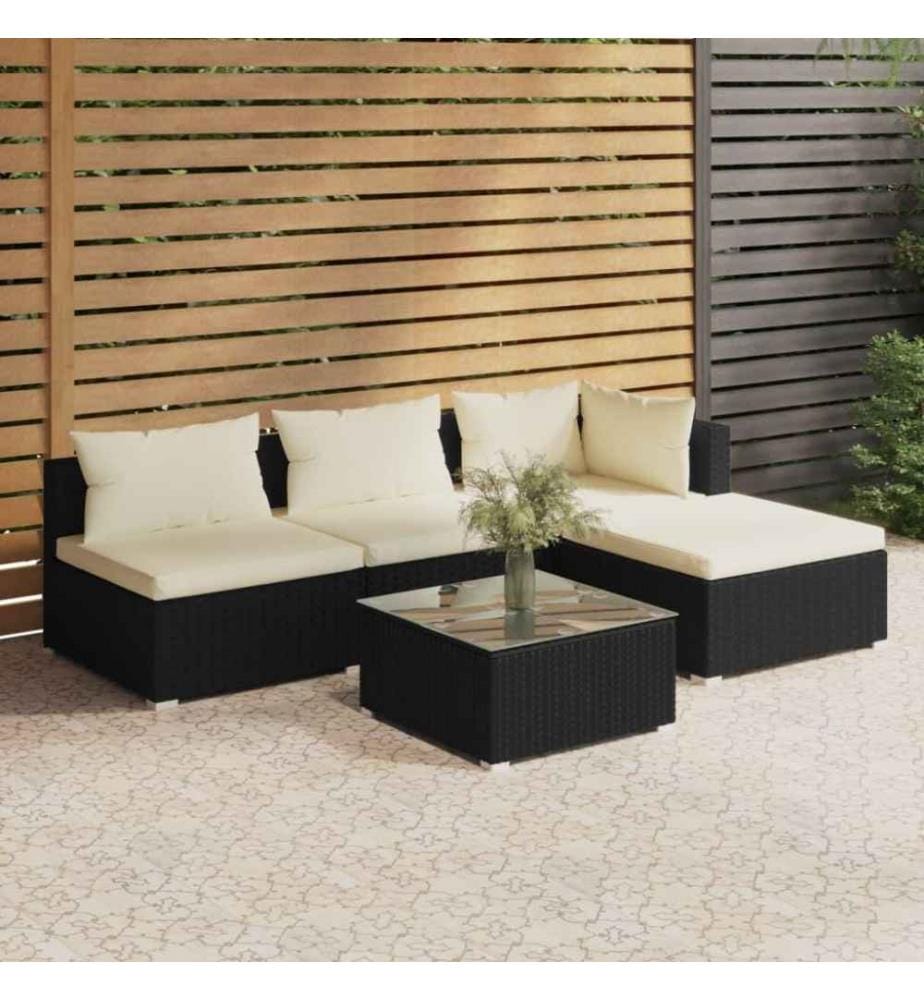 5-tlg. Garten-Lounge-Set mit Kissen Poly Rattan Schwarz