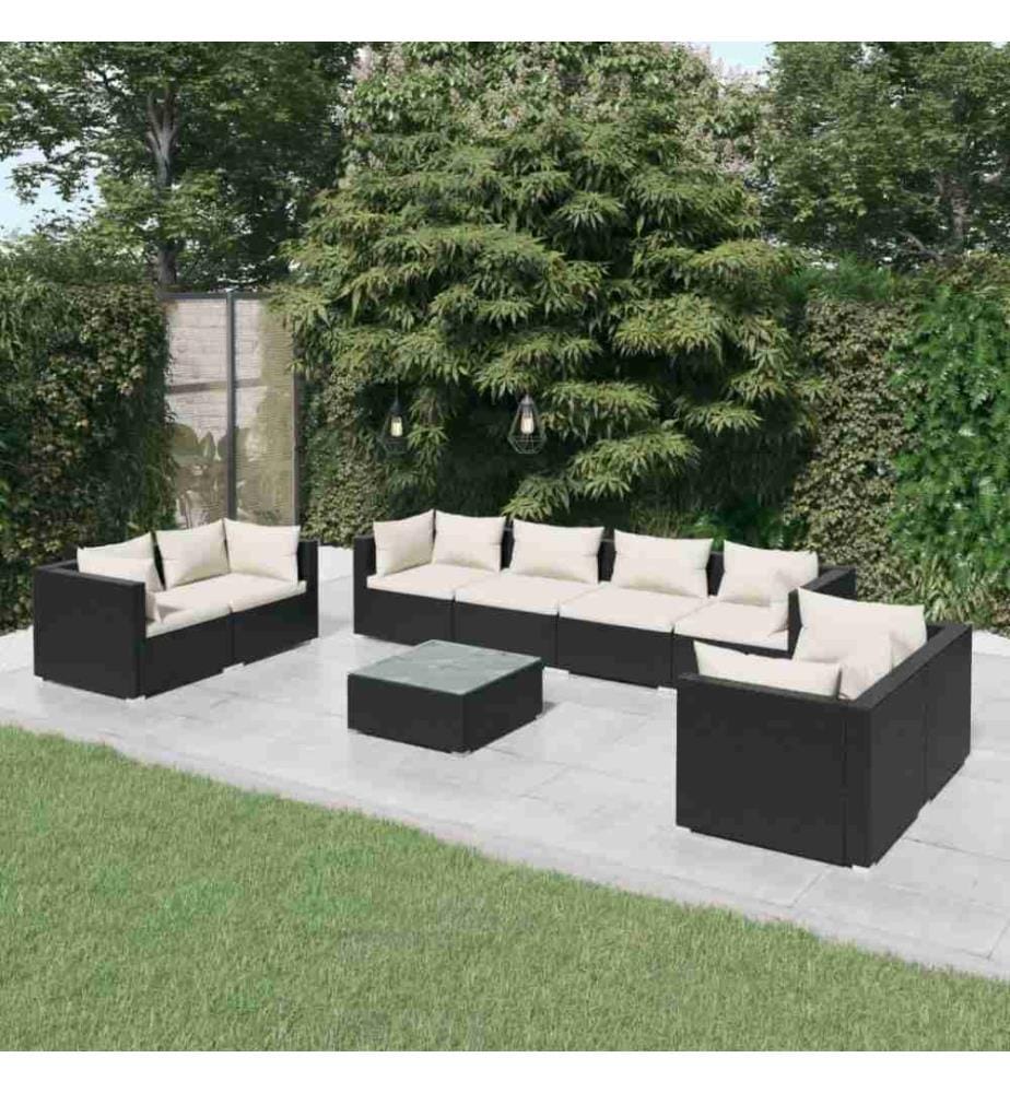 Salon de jardin 9 pcs avec coussins Résine tressée Noir