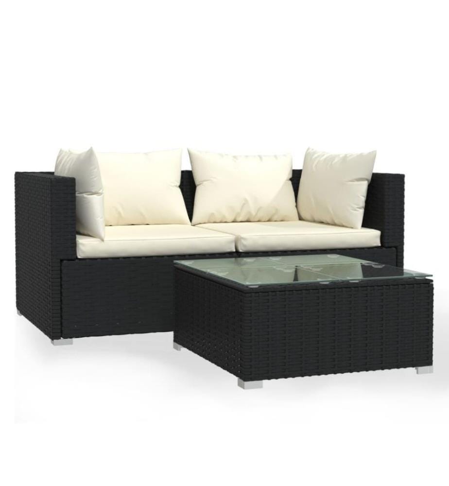 3-tlg. Garten-Lounge-Set mit Auflagen Schwarz Poly Rattan