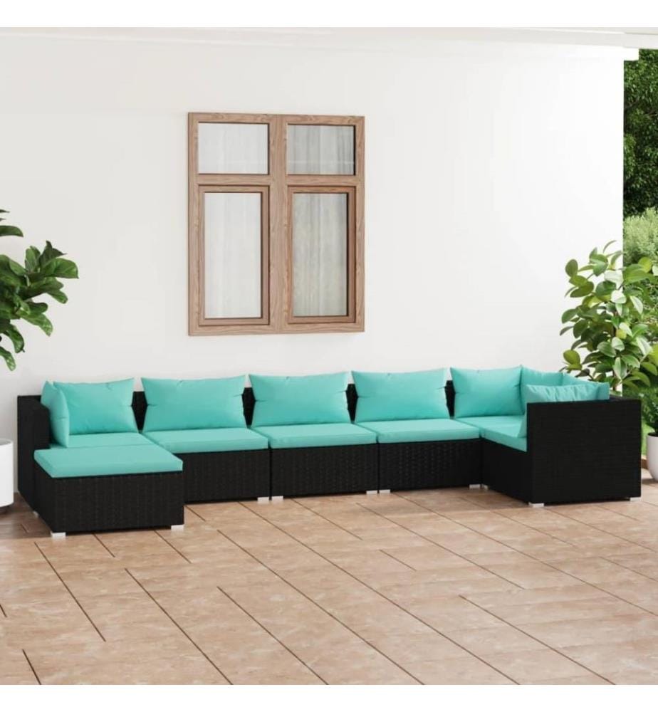 7-tlg. Garten-Lounge-Set mit Kissen Poly Rattan Schwarz