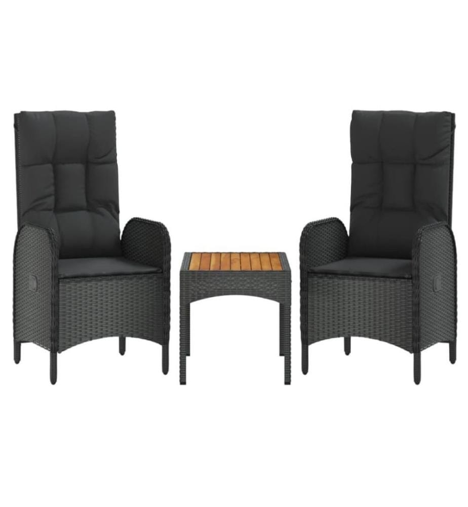 3-tlg. Garten-Lounge-Set mit Kissen Schwarz Poly Rattan
