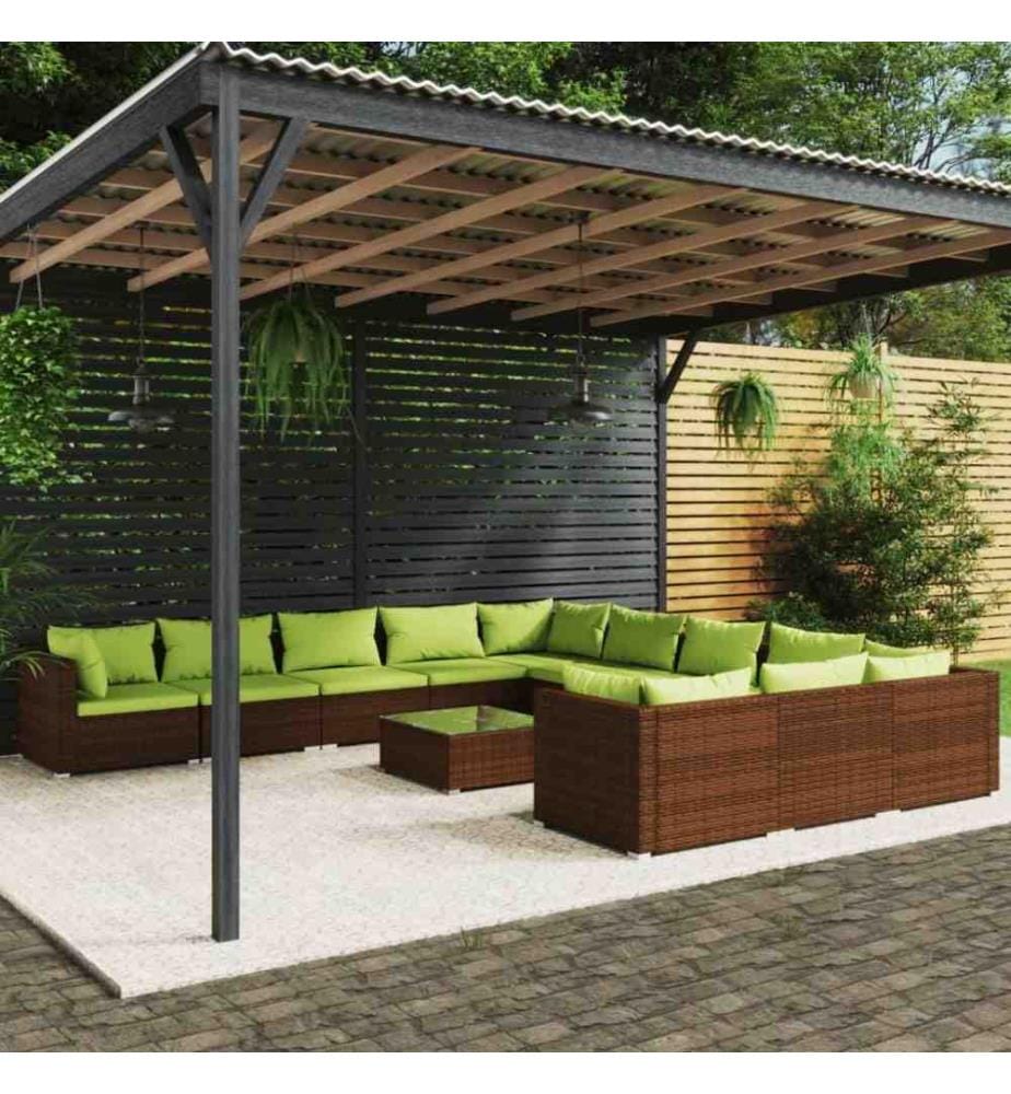 Salon de jardin 12 pcs avec coussins Résine tressée Marron