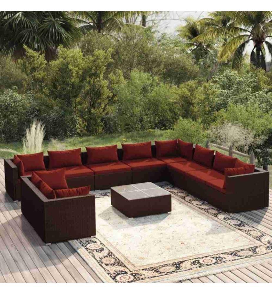 Salon de jardin 11 pcs avec coussins Marron Résine tressée