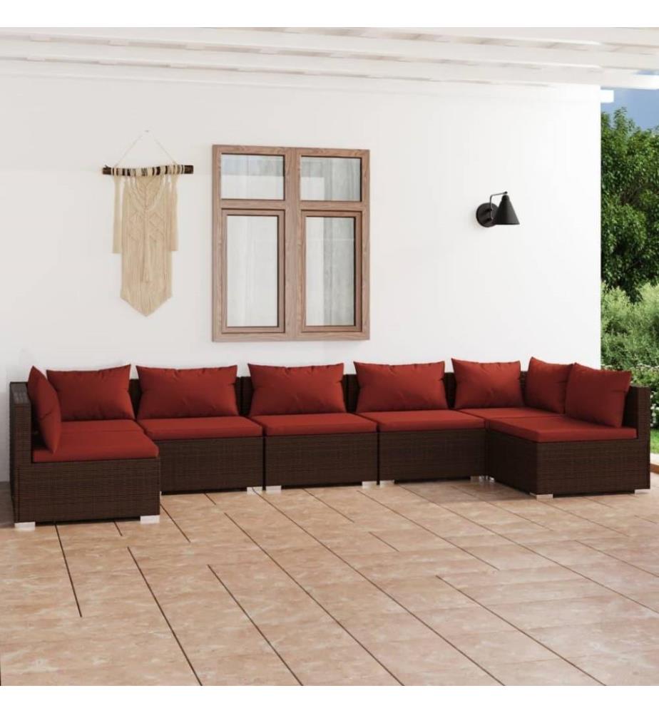 7-tlg. Garten-Lounge-Set mit Kissen Poly Rattan Braun