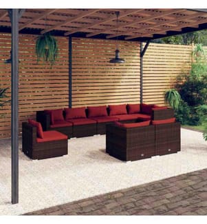 9-tlg. Garten-Lounge-Set mit Kissen Poly Rattan Braun