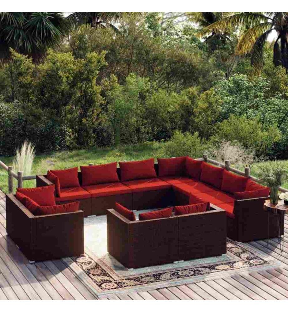 Salon de jardin 11 pcs avec coussins Marron Résine tressée