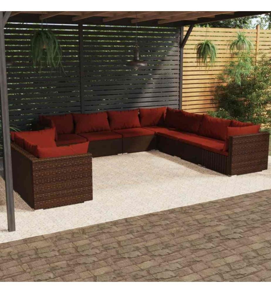 9-tlg. Garten-Lounge-Set mit Kissen Braun Poly Rattan