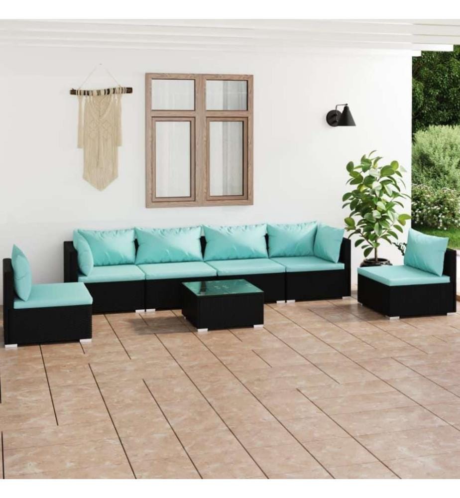 7-tlg. Garten-Lounge-Set mit Kissen Poly Rattan Schwarz