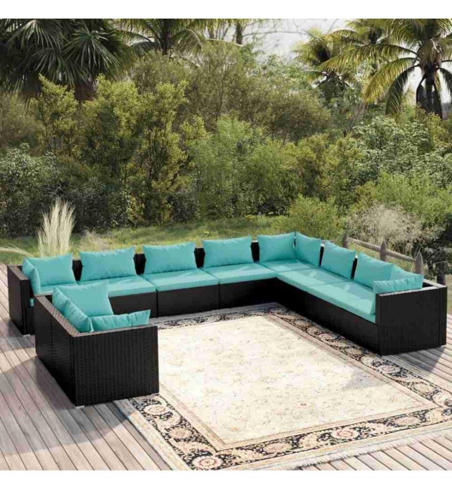 10-tlg. Garten-Lounge-Set mit Kissen Schwarz Poly Rattan