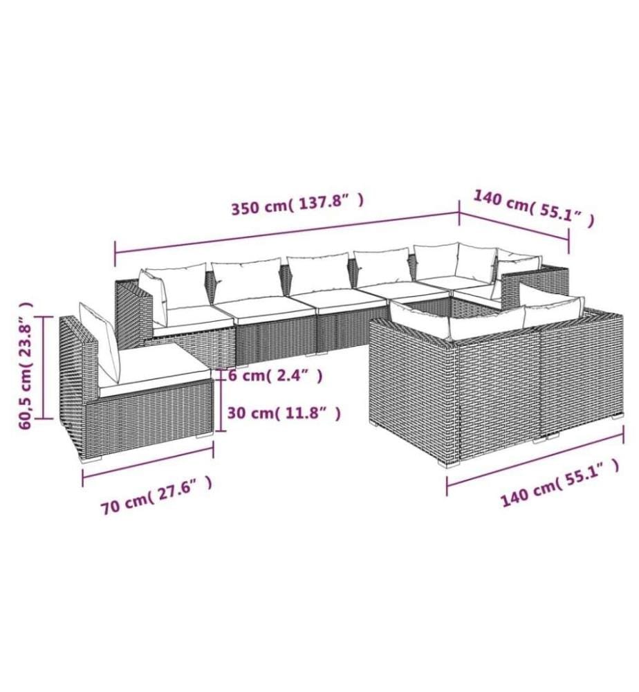 9-tlg. Garten-Lounge-Set mit Kissen Poly Rattan Braun