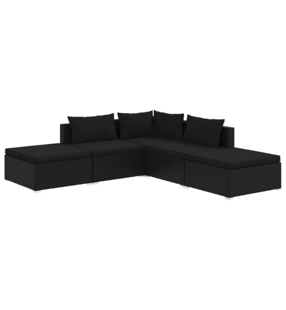 5-tlg. Garten-Lounge-Set mit Kissen Poly Rattan Schwarz