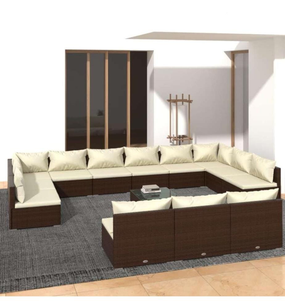 14-tlg. Garten-Lounge-Set mit Kissen Braun Poly Rattan