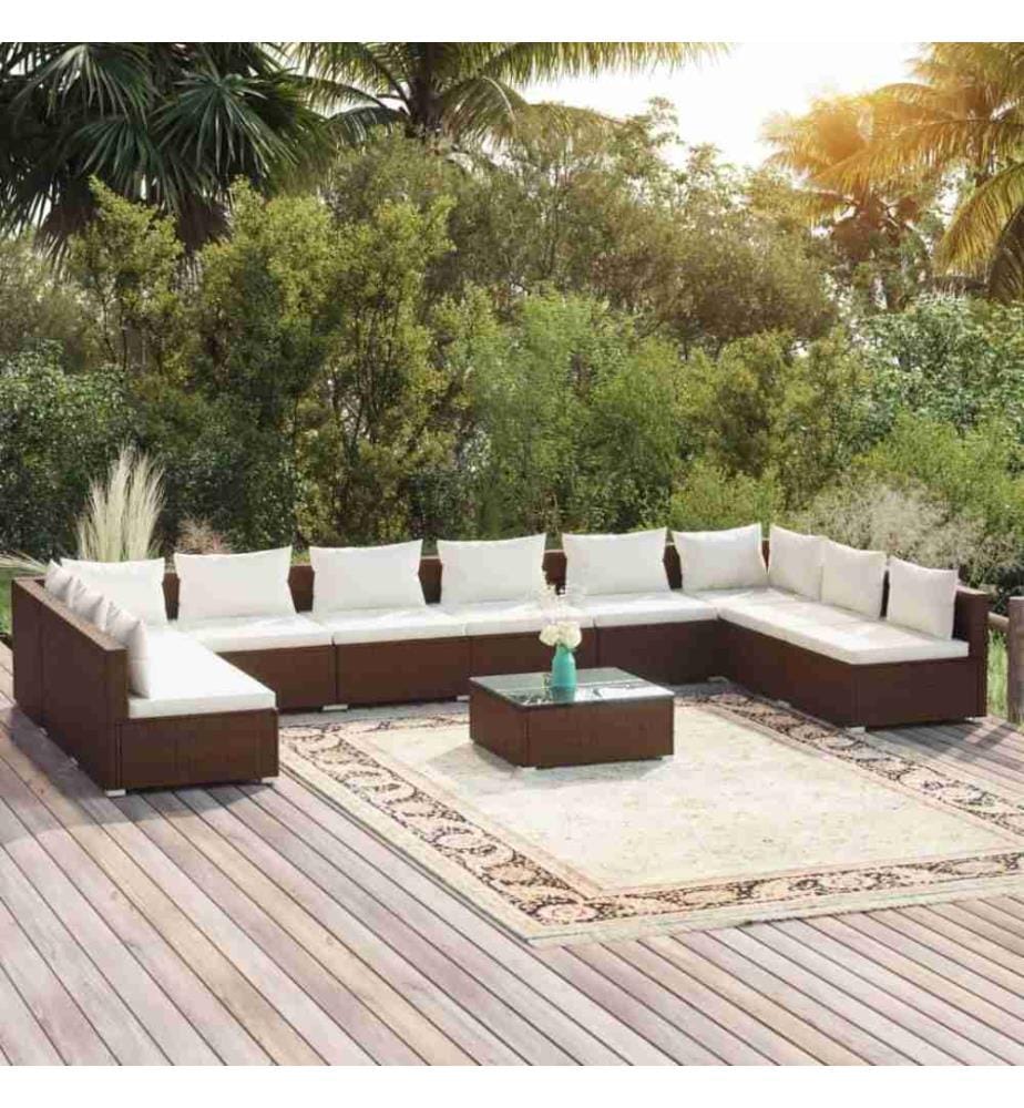 11-tlg. Garten-Lounge-Set mit Kissen Poly Rattan Braun