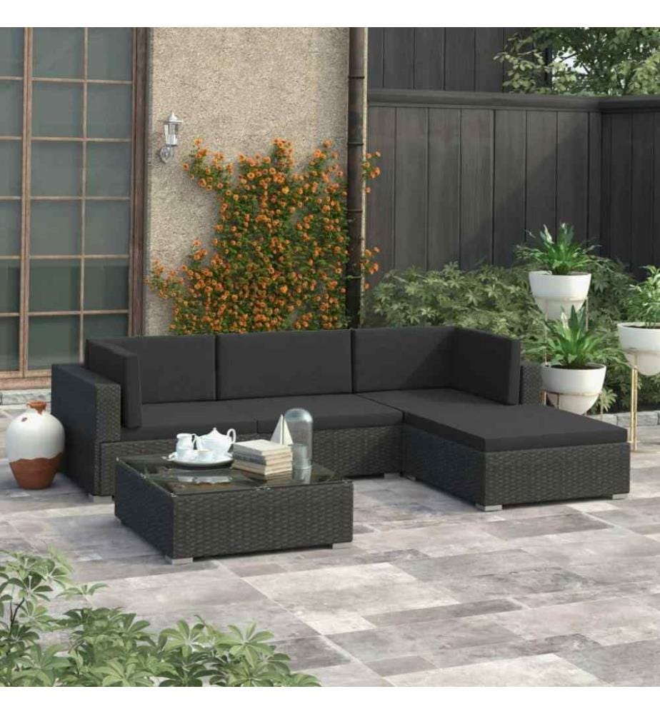 5-tlg. Garten-Lounge-Set mit Auflagen Poly Rattan Schwarz